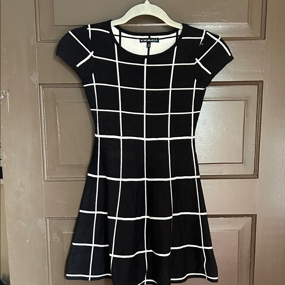 My Michelle (girls) Black Dress with White Grid Pattern; medium